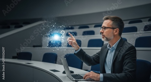 Professor Engaging with Quantum Science Hologram in Modern Lecture Hall