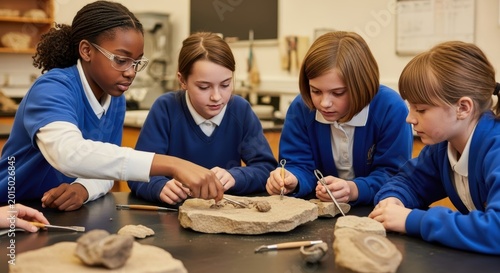 Middle school students engaged in a science lesson, examining rocks and fossils at school