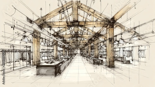Architectural sketch of a retail store interior