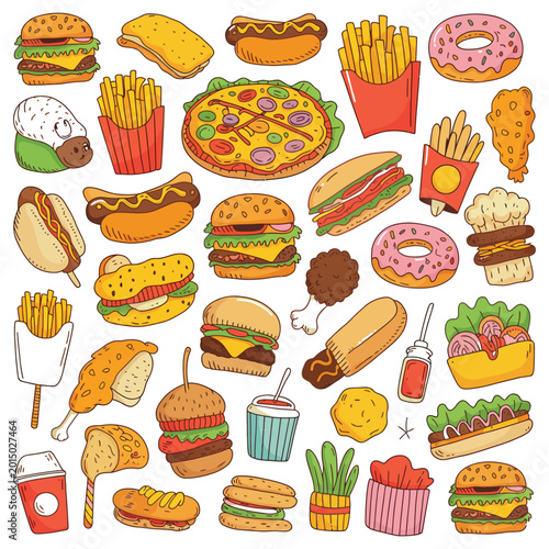 Φωτογραφία Fast Food Cartoon Color Vector Illustration Featuring Burgers, Pizza, Fries, Hot