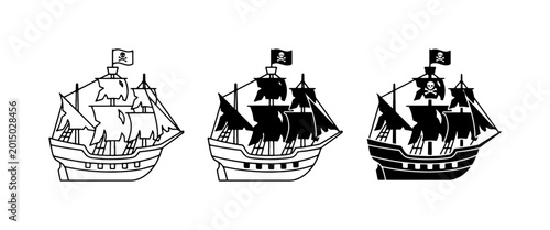 Billede på lærred Pirate Ship Icons, Sailing Vessel Vector Graphics, Nautical Adventure Symbols