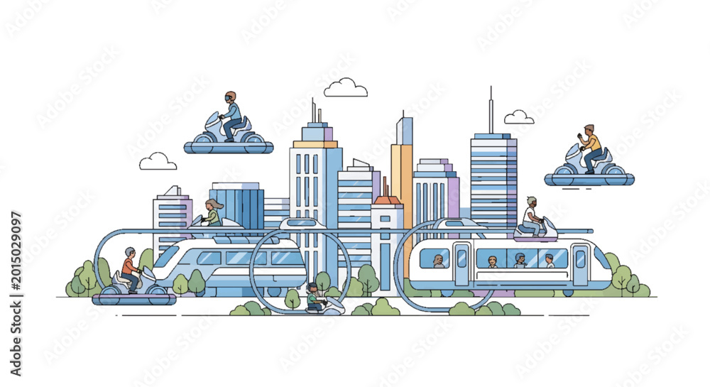 Naklejka premium Futuristic city skyline with eco-friendly transportation and people enjoying the ride