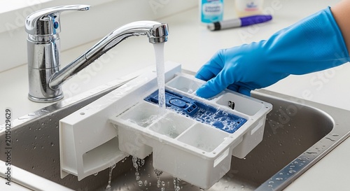 Blue-gloved hand rinsing a detergent dispenser under flowing water.