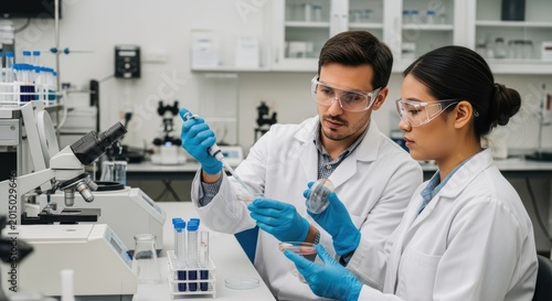 Two scientists in laboratory coats and goggles collaborating on a scientific experiment with pipettes and test tubes