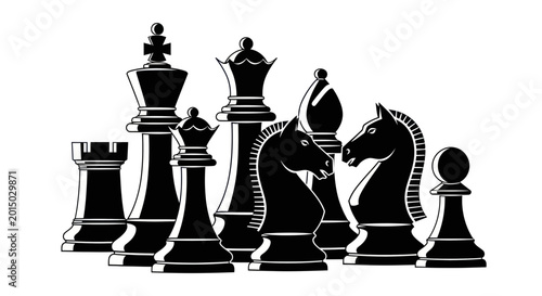 Photos Black Chess Pieces Silhouette on White Background - Strategy Game Concept