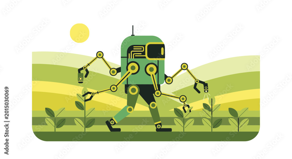 Fototapeta premium Agricultural Robot Tending Plants in a Field Under the Sun
