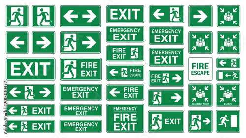 Emergency exit signs and fire escape icons set, green safety wayfinding symbols, directional evacuation signage collection for building security isolated PNG with Transparent Background