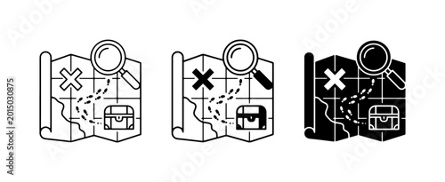 Принти на полотні Treasure Map Icons: Magnifying Glass, X Marks the Spot, Chest, Search, Adventure