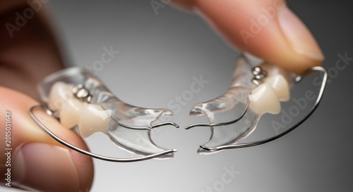 Clear dental retainer held delicately, showing fine wirework and acrylic mold.