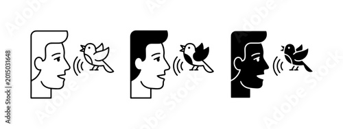 Tableau sur toile Communication Icons: Man Speaking to Bird, Line Art, Silhouette, Solid Fill Styl