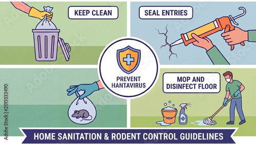 Hantavirus prevention home sanitation and rodent control guidelines infographic showing cleaning sealing entries disinfecting floors and safe rodent disposal for public health protection