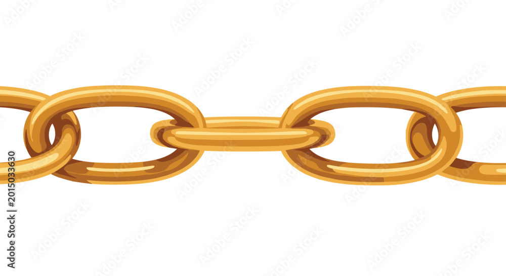 Fototapeta premium Polished golden metal chain links connected in a horizontal row against a solid white background representing strength.