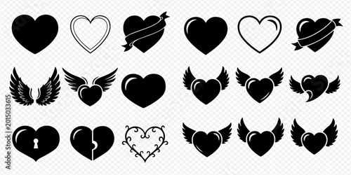 Tableau sur toile Set of black heart icons with various designs including wings, ribbons, and outlines, perfect for love and romance themes