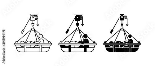 Schilderij op canvas Industrial rescue stretcher icons, emergency medical evacuation basket, hoist li