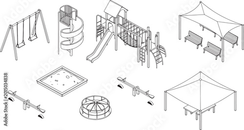 Playground equipment set with swings slide sandbox merry go round and park benches in isometric line art vector illustration