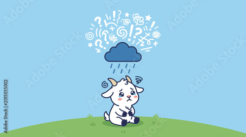Tablou pe pânză Cute little white cartoon goat sitting.