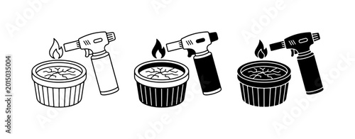 Foto Creme brulee torch icons, culinary blowtorch vector set, dessert caramelizing fl