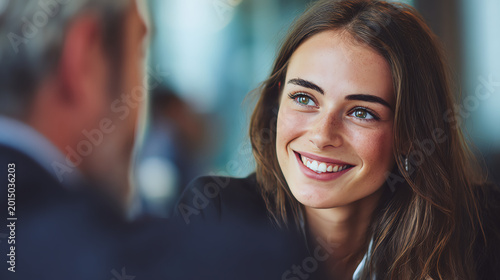 A professional woman smiling during a business meeting, showcasing confidence and positive communication skills.