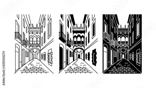 Photos European Street Scene Vector Art, Architectural Building Facades, Cobblestone Pa