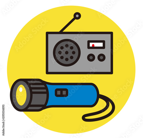 ラジオと懐中電灯のアイコン。家電や災害のイラスト素材。Radio and flashlight icon
