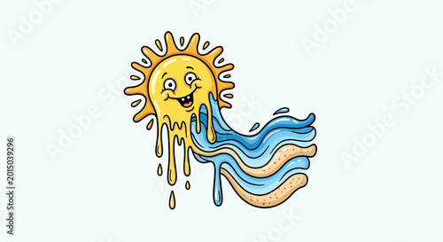 Foto Humorous Cartoon Sun Melting into Blue Ocean Waves on Bright Studio Background