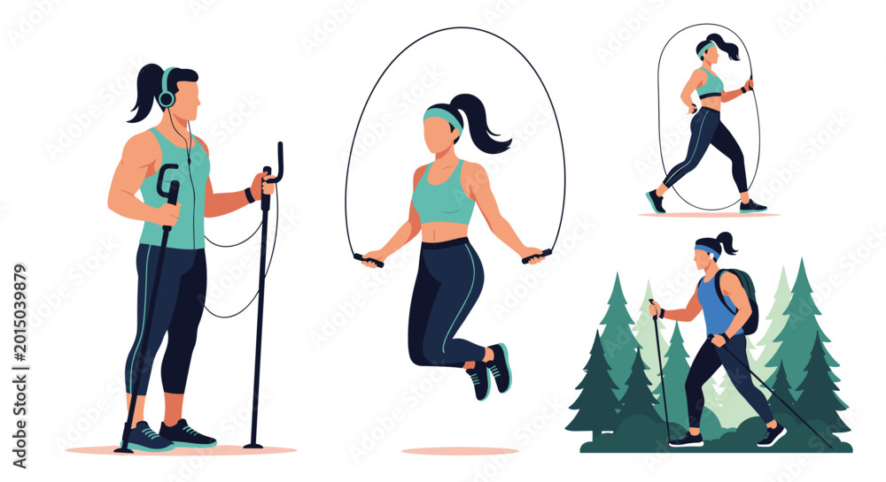 Fototapeta premium Set of flat vector characters shows people engaged in various fitness activities like jumping rope and hiking in a forest landscape area.