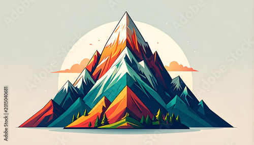 Pixel art mountain range landscape with vibrant colors, snow capped peaks, trees, and a subtle sun in the background, retro gaming aesthetic