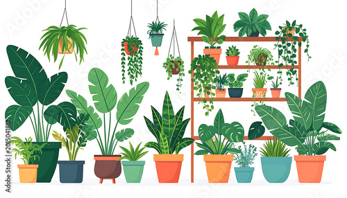 Pixel art collection of various houseplants in pots, arranged on shelves and the floor, creating a lush indoor garden atmosphere