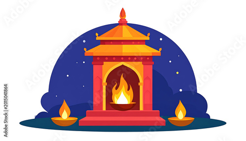 Pixel art depiction of a temple altar with burning diyas and a central fire, set against a starry night sky, cultural celebration, religious devotion