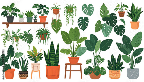 Pixel art collection of various houseplants in terracotta and patterned pots, featuring monstera and snake plants, perfect for digital decor