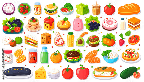Pixel art food collection, vibrant flat icons of fruits, vegetables, sandwiches, desserts, and drinks, set of healthy meal elements for design
