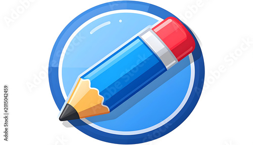 Pixel art icon of a blue pencil with a red eraser tip, poised to write or draw within a blue circular border