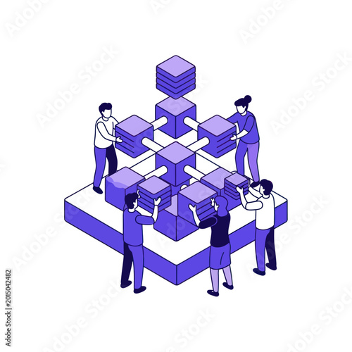 Quadro su tela Teamwork Building a Data Structure - Collaborative Isometric Illustration