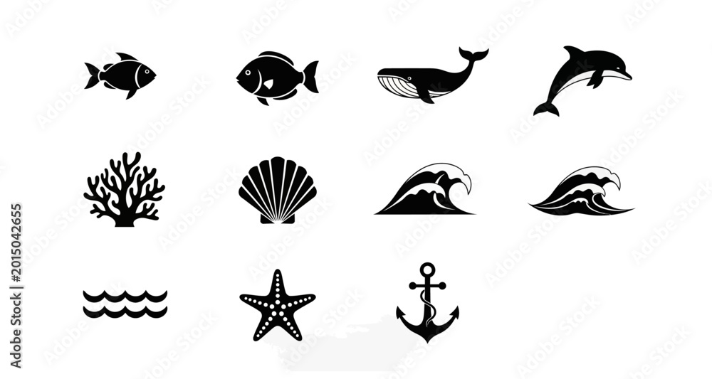 Fototapeta premium Marine life silhouettes collection on transparent background