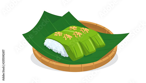 Pixel art illustration of sweet sticky rice dessert wrapped in banana leaf, served on woven bamboo plate, food icon and graphic element