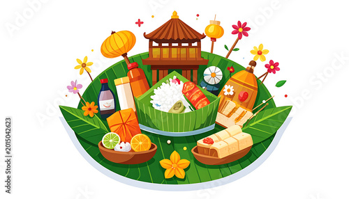 Pixel art illustration of a vibrant Asian food platter with diverse dishes, tropical fruits, and a traditional pagoda, celebrating culinary culture and festive celebrations.