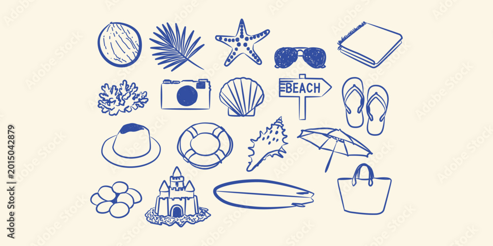 Fototapeta premium Tropical beach and summer vacation essentials icon set doodle vector illustration hand drawn travel collection
