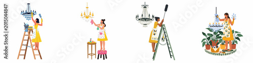 Bild auf Leinwand Flat vector illustration set of women cleaning different types of elegant chandeliers using ladders, stools, and cleaning supplies in a home setting