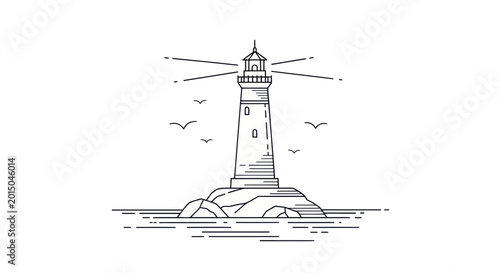 Minimalist lighthouse on rocky island, ocean waves, seagulls, clean line art