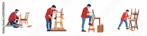 Tableau sur toile Illustration set of a man repairing, sanding, leveling, and gluing wooden chairs, representing woodworking and DIY furniture restoration projects