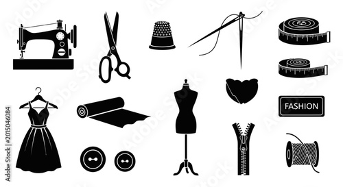 Bild auf Leinwand Sewing and Fashion Design Icons: Dressmaking Tools, Tailoring Supplies, and Craf