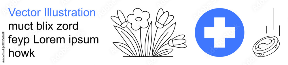Obraz premium Nature, wellness, medical care, eco-finance, environmental responsibility, healthcare. Outline of flowers, blue medical cross and falling coin. Nature and wellness combined with medical care concept