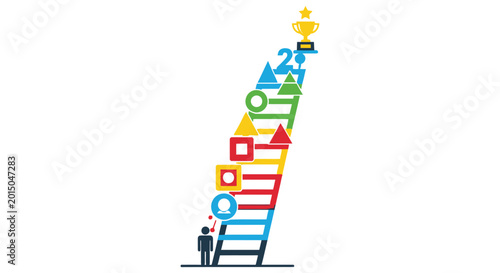 Valokuva A person climbing a colorful ladder towards a golden trophy at the top
