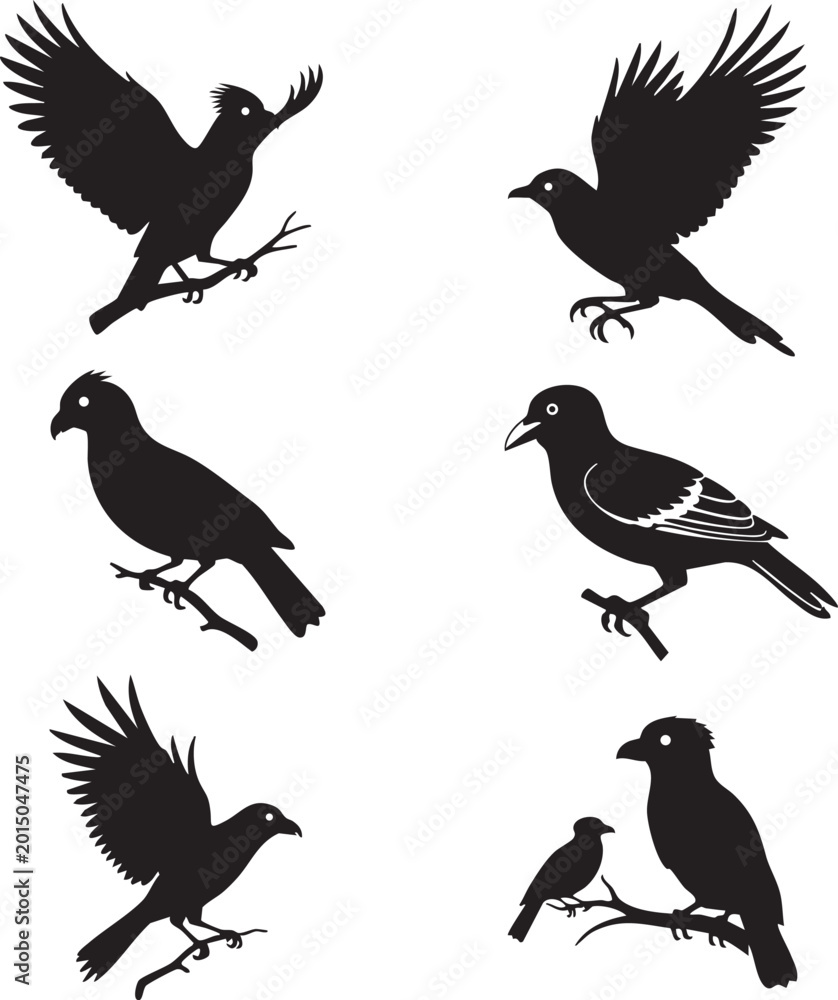 Obraz premium Collection of silhouette bird poses vector illustration with small bird large bird baby bird parent bird line art silhouette