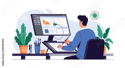 Creative male designer works on computer using professional graphics tablet in modern artistic workspace with plants.