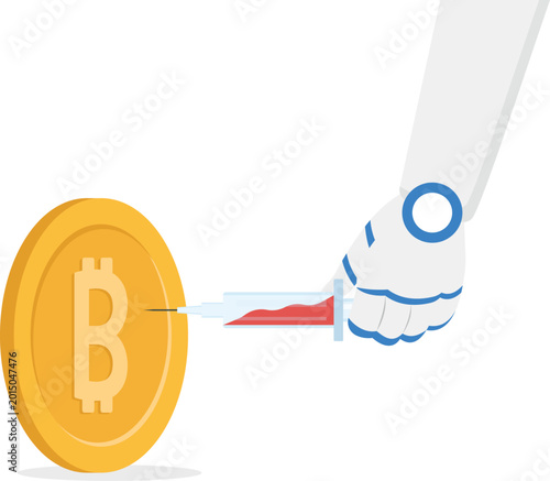 Tableau sur toile Robotic hand injecting liquid into bitcoin cryptocurrency