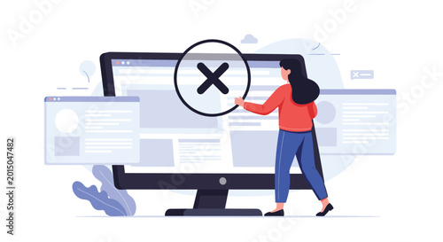 Frustrated woman looking at a large computer monitor displaying a big cross symbol indicating a system error or connection failure.