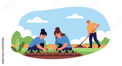 Team of young volunteers working together in a garden to plant small green seedlings while a man rakes the soil in the background.