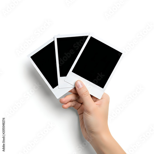 Hand holding three blank instant photos isolated on white background.