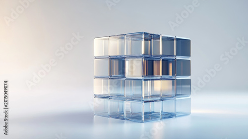Transparent 3D Glass Cube Grid with Reflective Surface on Abstract Background - Generative AI